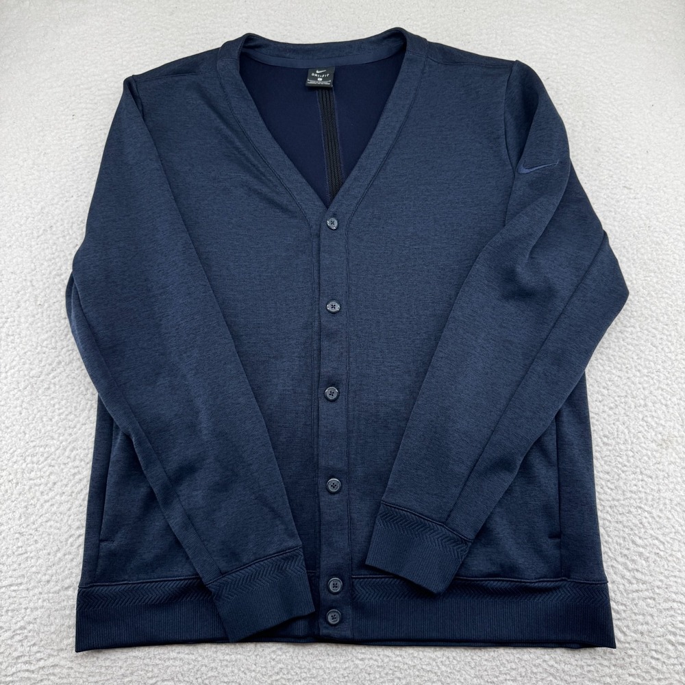 Nike Dri-Fit Cardigan Mens Medium Navy Blue Sweater Buttons Pockets Super Soft